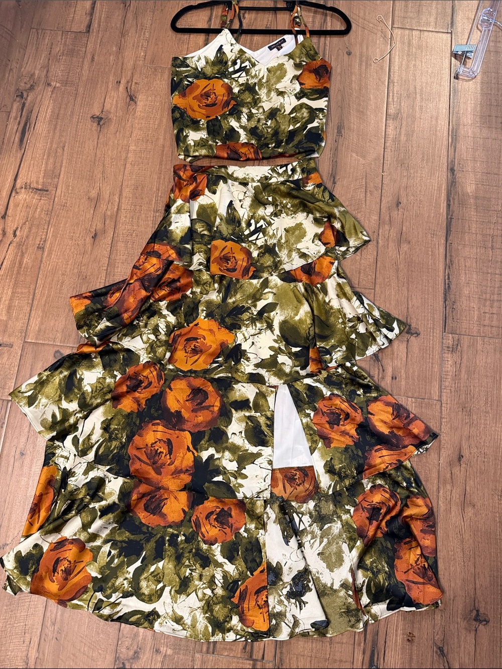 NWOT Skies Are Blue Orange Rose & Green Print Top & tiered skirt XS 🧡💚